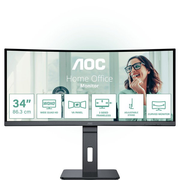 AOC CU34P3CV, LED-Monitor - 86 cm (34 inches), black, WQHD, VA, Curved, Adaptive-Sync, USB-Hub, 100Hz Panel