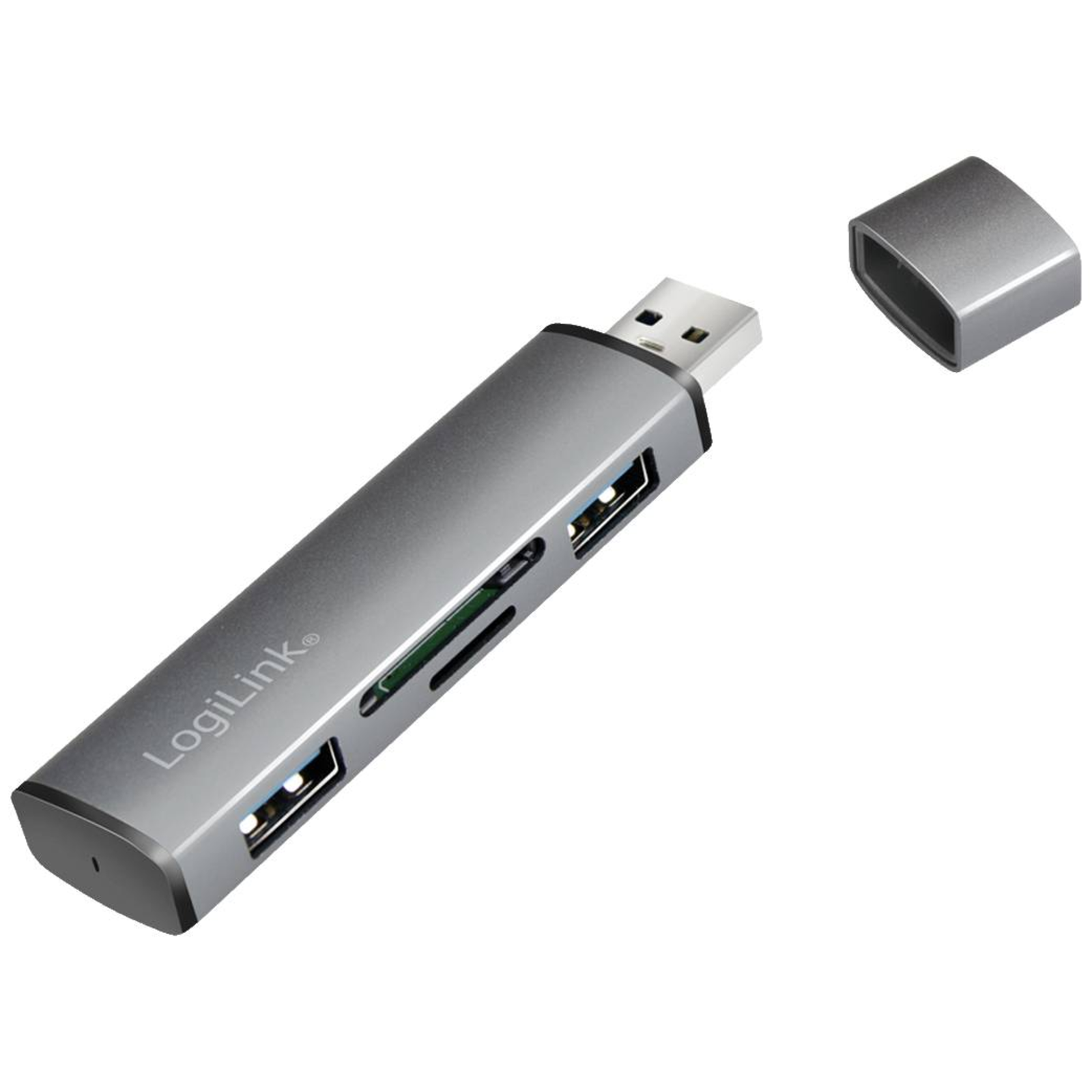 LogiLink USB 3.2 Gen 2 Hub, 2-port, USB-A, w/cardreader, aluminum, grey