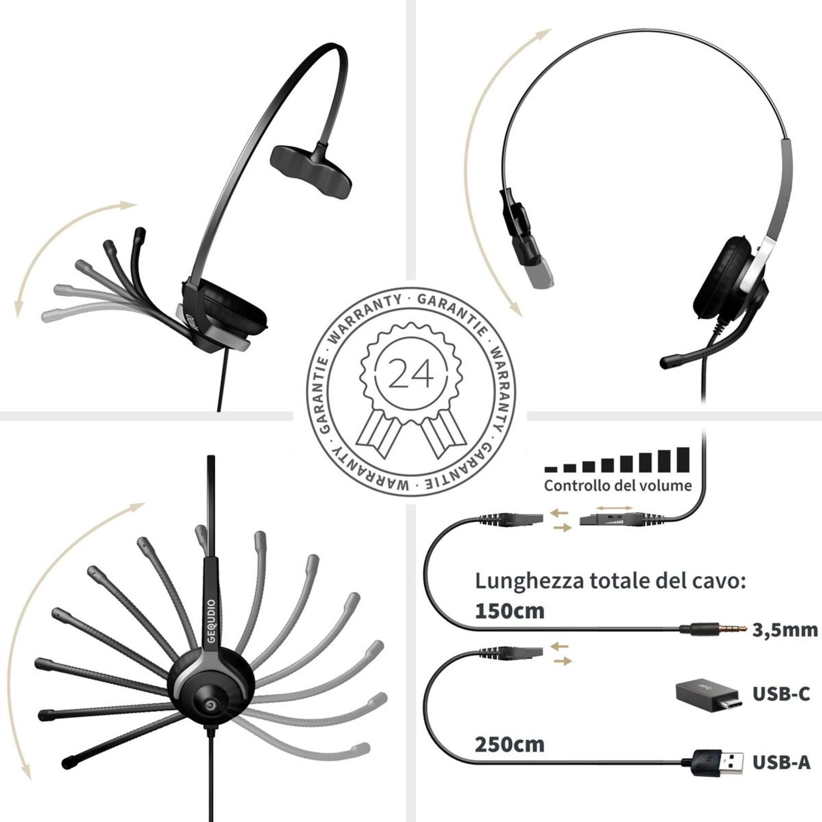 GEQUDIO Headset 1-Ear with USB for PC,MAC