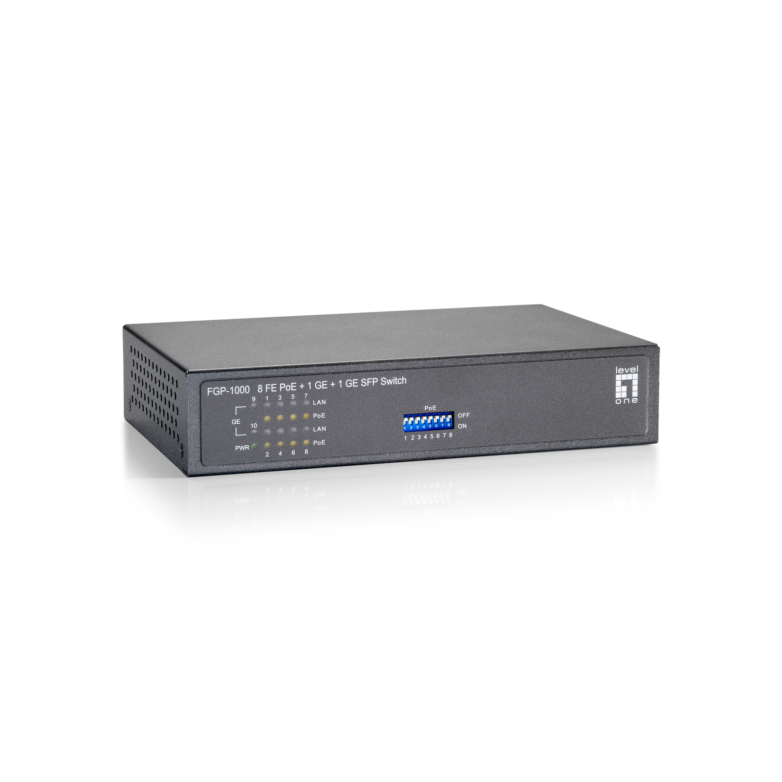 LevelOne 10-Port Fast Ethernet PoE Switch, 1 x Gigabit RJ45, 1 x Gigabit SFP, 8 PoE Outputs, 120W