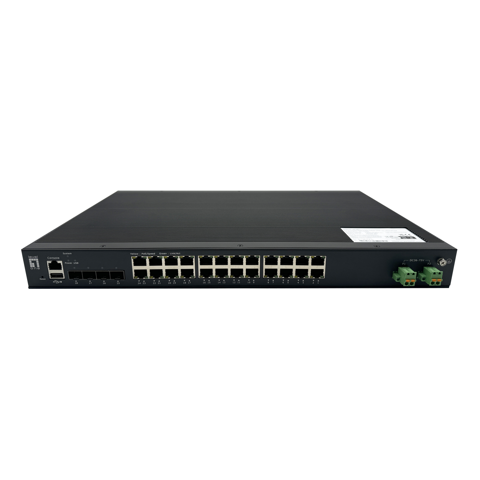 LevelOne 28-Port L2 Plus Managed PoE Industrial Switch, 4 x 1/2.5/10GbE SFP+, 24 PoE Outputs, 370W, 802.3AF/AT/BT PoE, 19