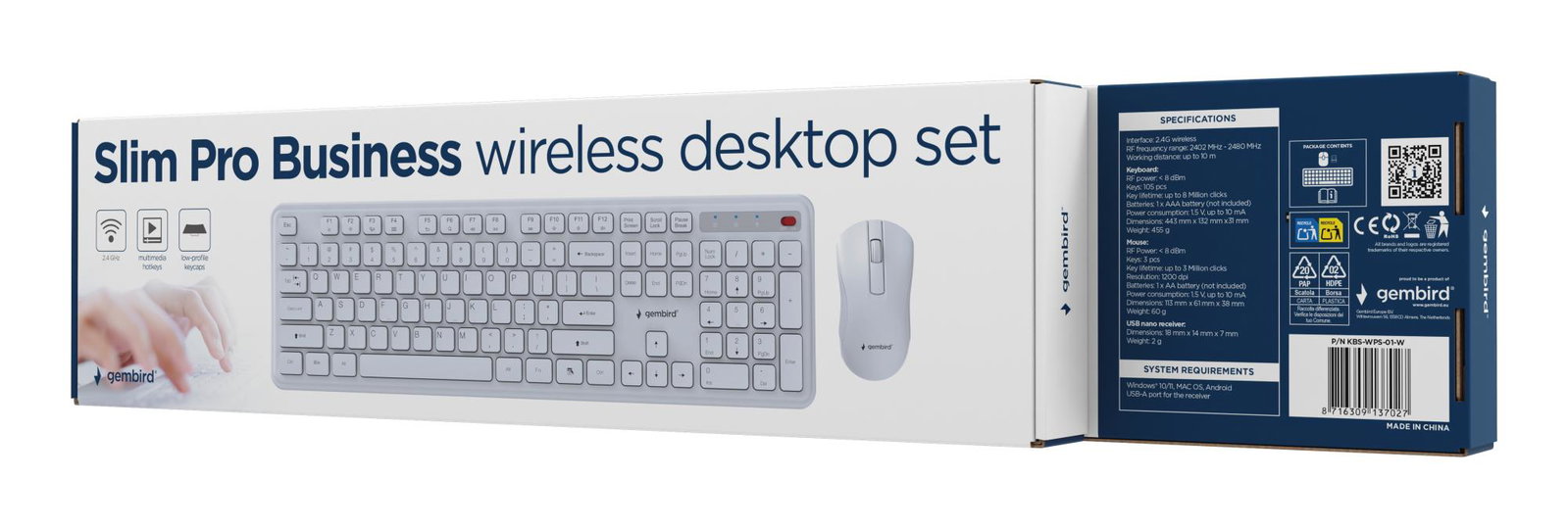 KEYBOARD +MOUSE WRL ENG/WH KBS-WPS-01-W GEMBIRD