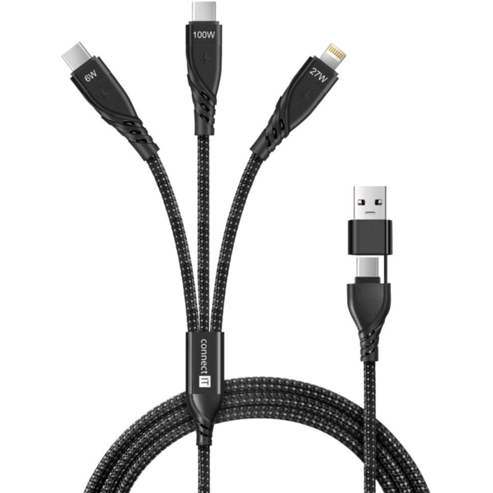 CONNECT IT Charging Cable Wirez 6in1 USB-C/USB Lightning + 2x USB-C 1.25m Black