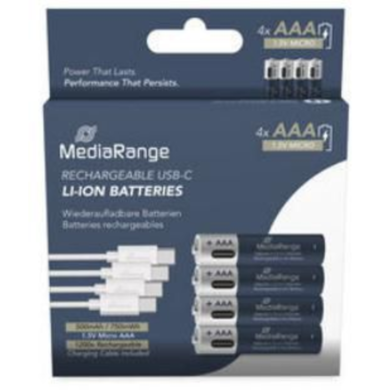 MEDIARANGE Ge USB-C Li-ion Rechargeable Battery Micro AAA/LR03/1.5V/500mAh 4-pack AAA