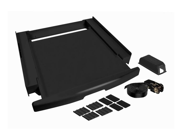 Washing machine and dryer stacking kit with drawer and strap, black