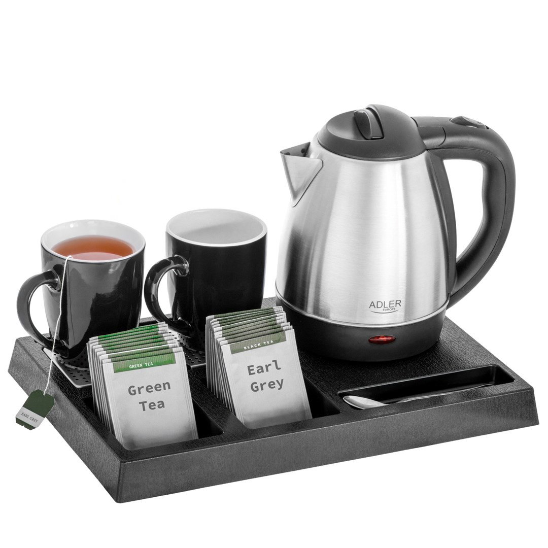 Adler AD 1354 Hotel kettle stainless steel 1.2 L + tray with cups black, steel