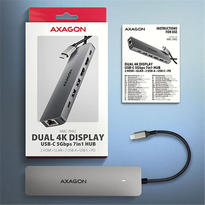 AXAGON HMC-7HX2 USB-Hub, 2x USB-A, 1x USB-C, 2x HDMI 2.0, 1x RJ45, 100 W PD silver