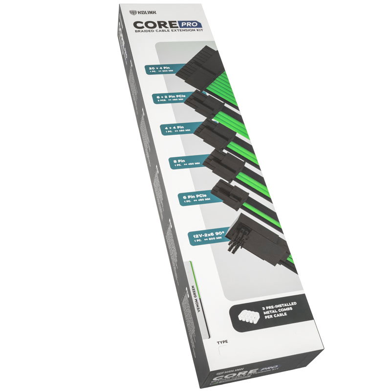 Kolink Core Pro Braided Cable Extension Kit 12V-2x6 Type 2 - Venom Green