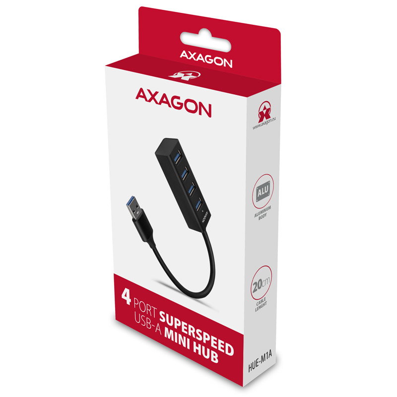 AXAGON HUE-M1A Superspeed USB-A Mini Hub, 4x USB 3.0 - 20cm, black