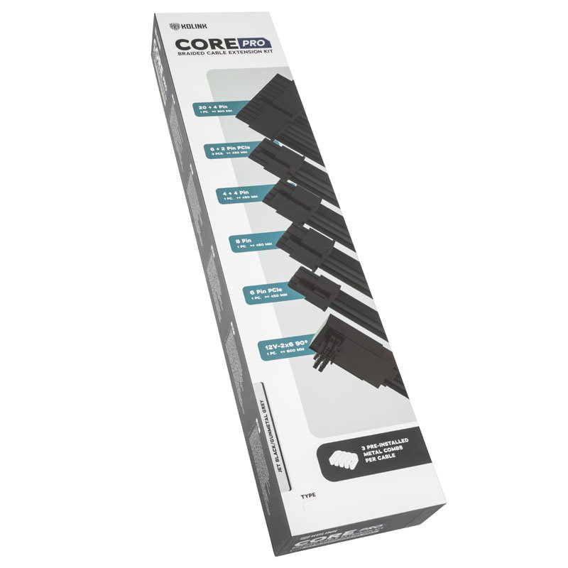 Kolink Core Pro Braided Cable Extension Kit 12V-2x6 Type 2 - Jet Black/Gunmetal Grey