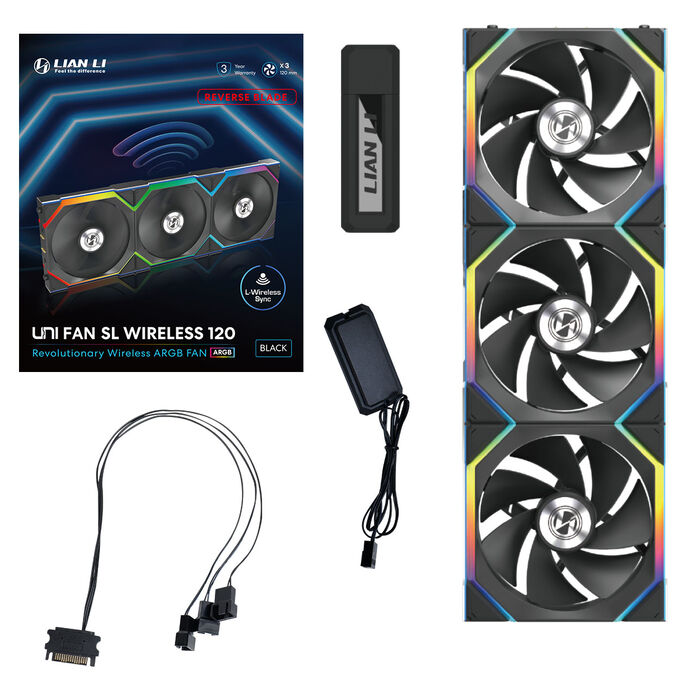 Lian Li UNI FAN SL Wireless ARGB PWM fan, 3er-Pack incl. Controller - Reverse Blade, 120 mm, black