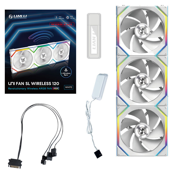 Lian Li UNI FAN SL Wireless ARGB PWM fan, 3er-Pack incl. Controller - Reverse Blade, 120 mm, white