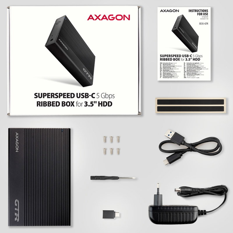 AXAGON EE35-GTR USB-C 3.2 Gen 1 - SATA 6G, 3.5 externes hard drivencase, geriffelt - black
