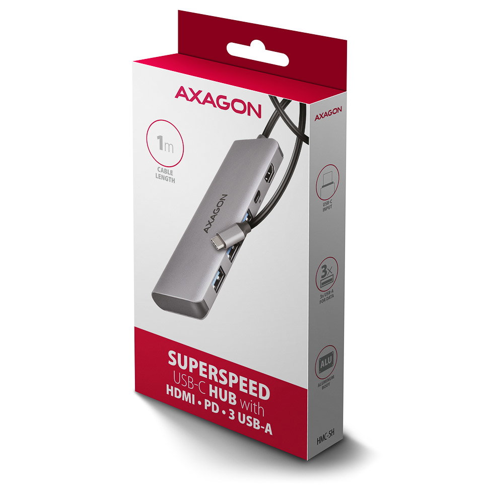 AXAGON HMC-5H USB-C 3.2 Gen 1 hub, 3x USB-A, 4K HDMI, PD 100W - silver