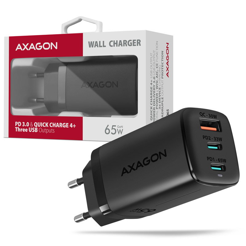 AXAGON ACU-DPQ65 Ladegert, 2x USB-C, 1x USB-A, PD3.0/QC4+/PPS, 65W - black