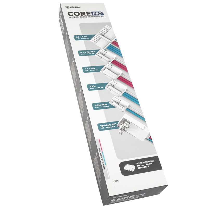 Kolink Core Pro Braided Cable Extension Kit 12V-2x6 Type 1 - Brilliant White/neon Blue/Pure Pink