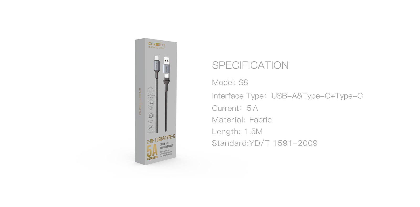 Orsen S8 2-IN-1 USB and Type-C 5A 1.5m black