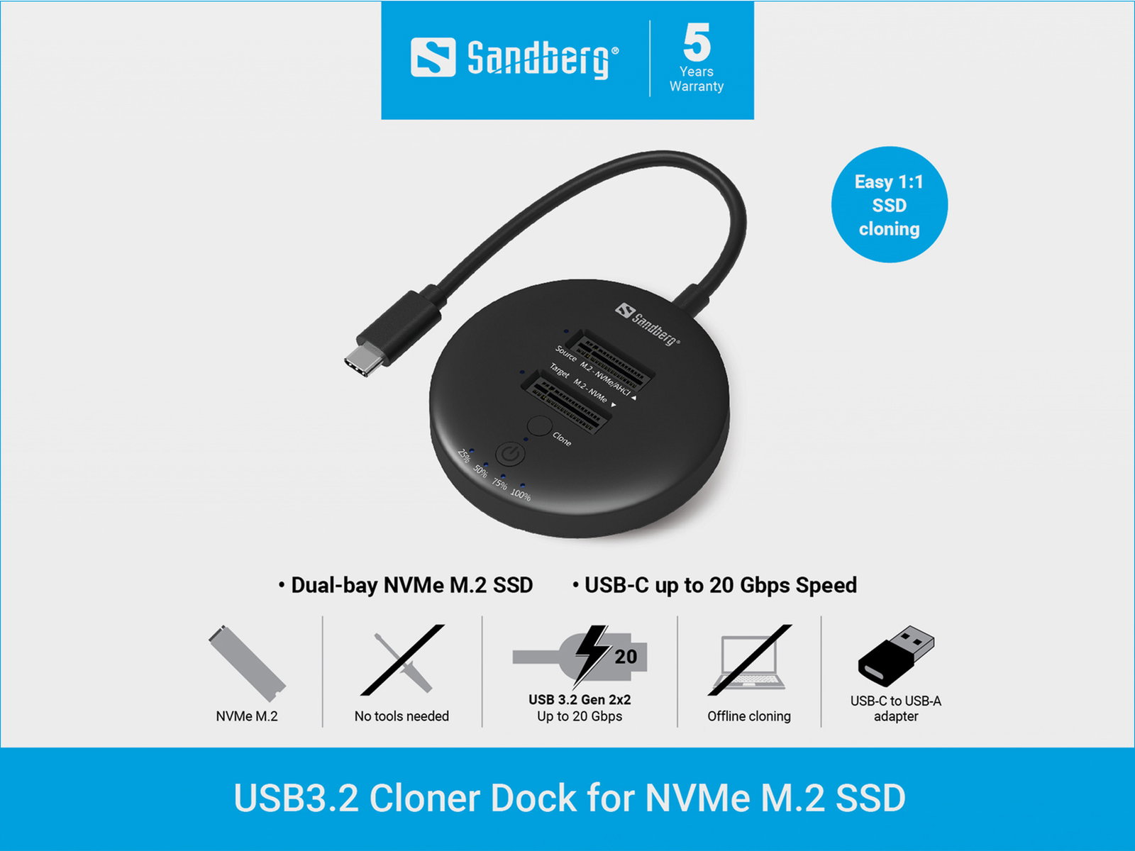 Sandberg 136-72 USB 3,2 Cloner Dock for NVMe M.2 SSD