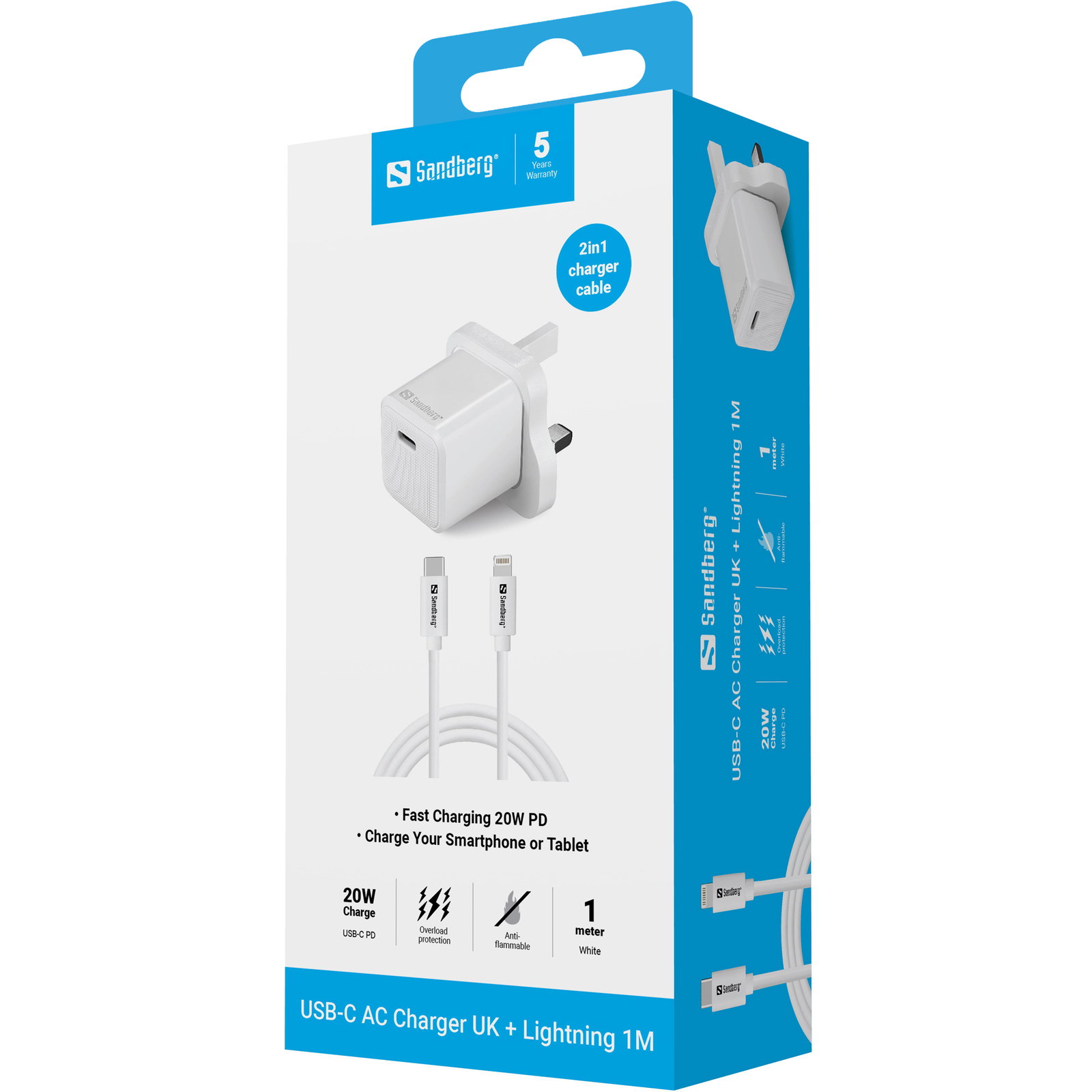 Sandberg 441-64 USB-C 20W Charger UK+Lightning, Incl. 1m USB-C> Lighting cable