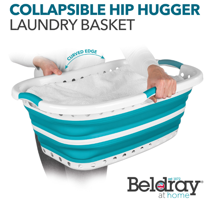 Beldray LA072979TQFEU7 Collapsible Hip Hugger Laundry Basket 37 L, White/Mint