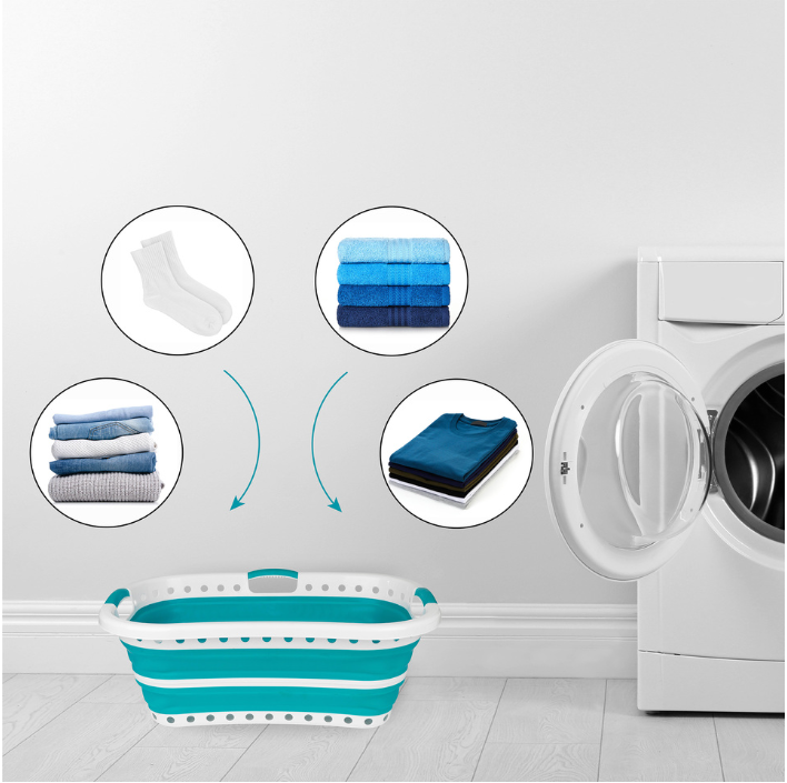 Beldray LA072979TQFEU7 Collapsible Hip Hugger Laundry Basket 37 L, White/Mint