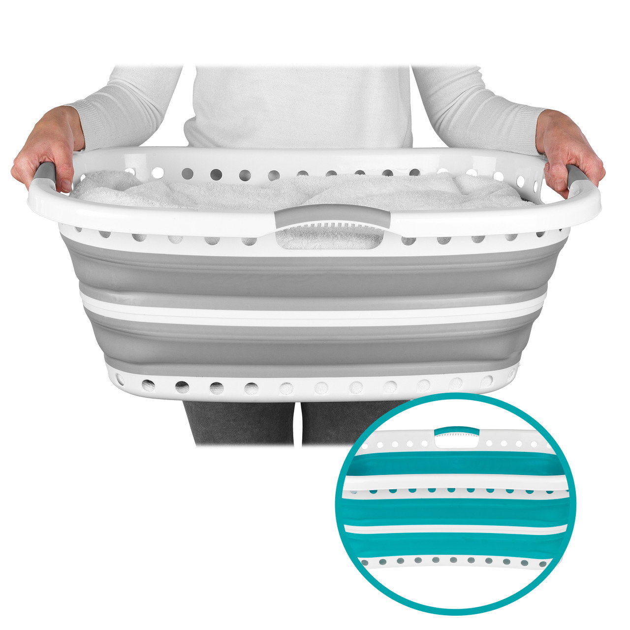 Beldray LA072979PGRYFEU7 Collapsible Hip Hugger Laundry Basket 37L, White/Grey