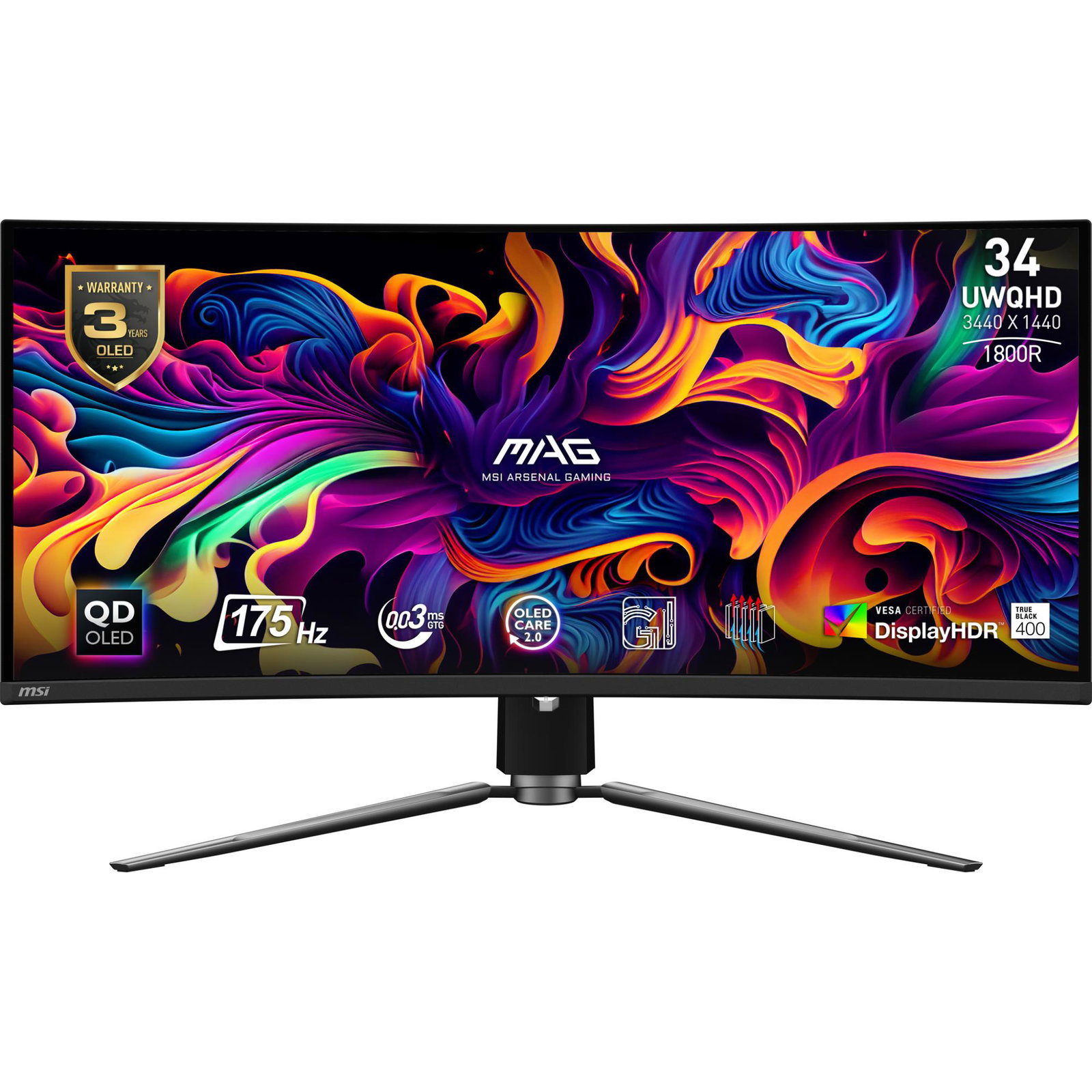 LCD Monitor MSI 34 Curved/21 : 9 Panel QD-OLED 3440x1440 21:9 175Hz Matte 0.03 ms Swivel Height adjustable Tilt Colour Black MAG341CQPQD-OLED