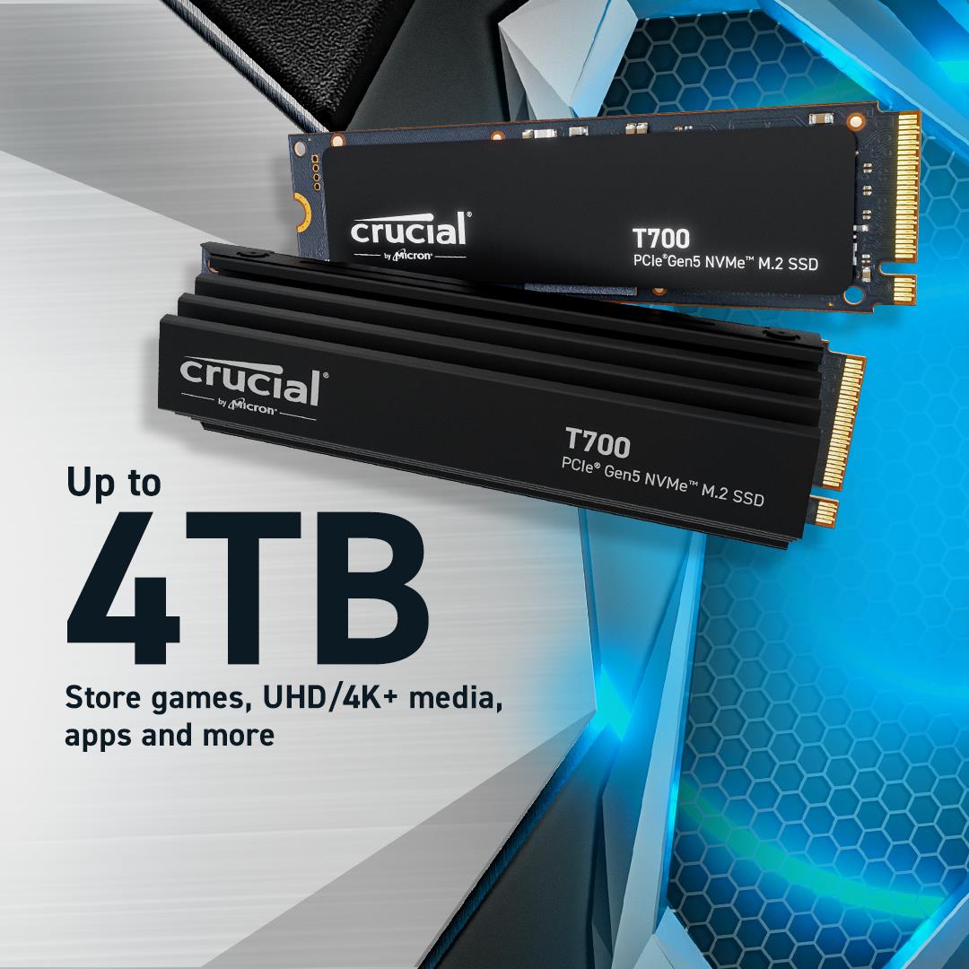 SSD CRUCIAL T700 4TB M.2 PCIe Gen5 NVMe TLC Write speed 11800 MBytes/sec Read speed 12400 MBytes/sec TBW 2400 TB CT4000T700SSD5