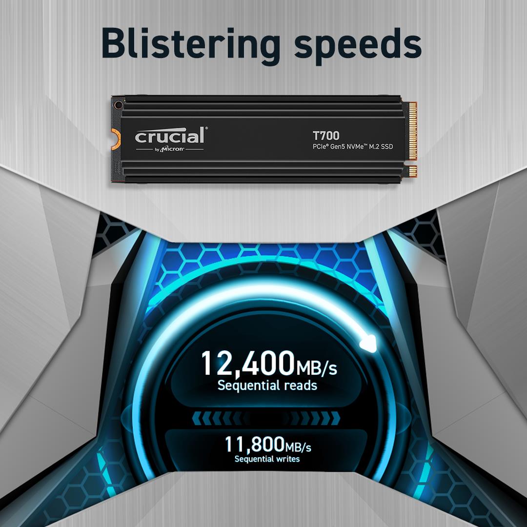 SSD CRUCIAL T700 4TB M.2 PCIe Gen5 NVMe TLC Write speed 11800 MBytes/sec Read speed 12400 MBytes/sec TBW 2400 TB CT4000T700SSD5