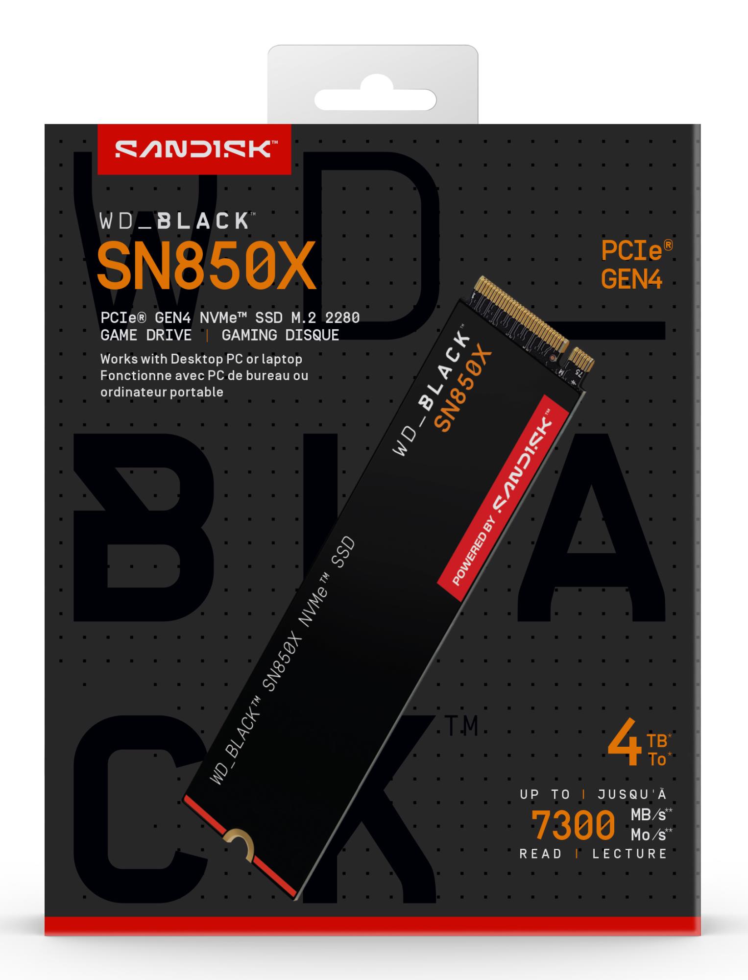 SSD SANDISK 2400xTBW rating Read speed 7300 MB/s Write speed 6600 MB/s NVMe Yes PCI Express 4.0 M.2 4000 GB POWERED BY SANDISK Black SN850X WDS400T2X0E
