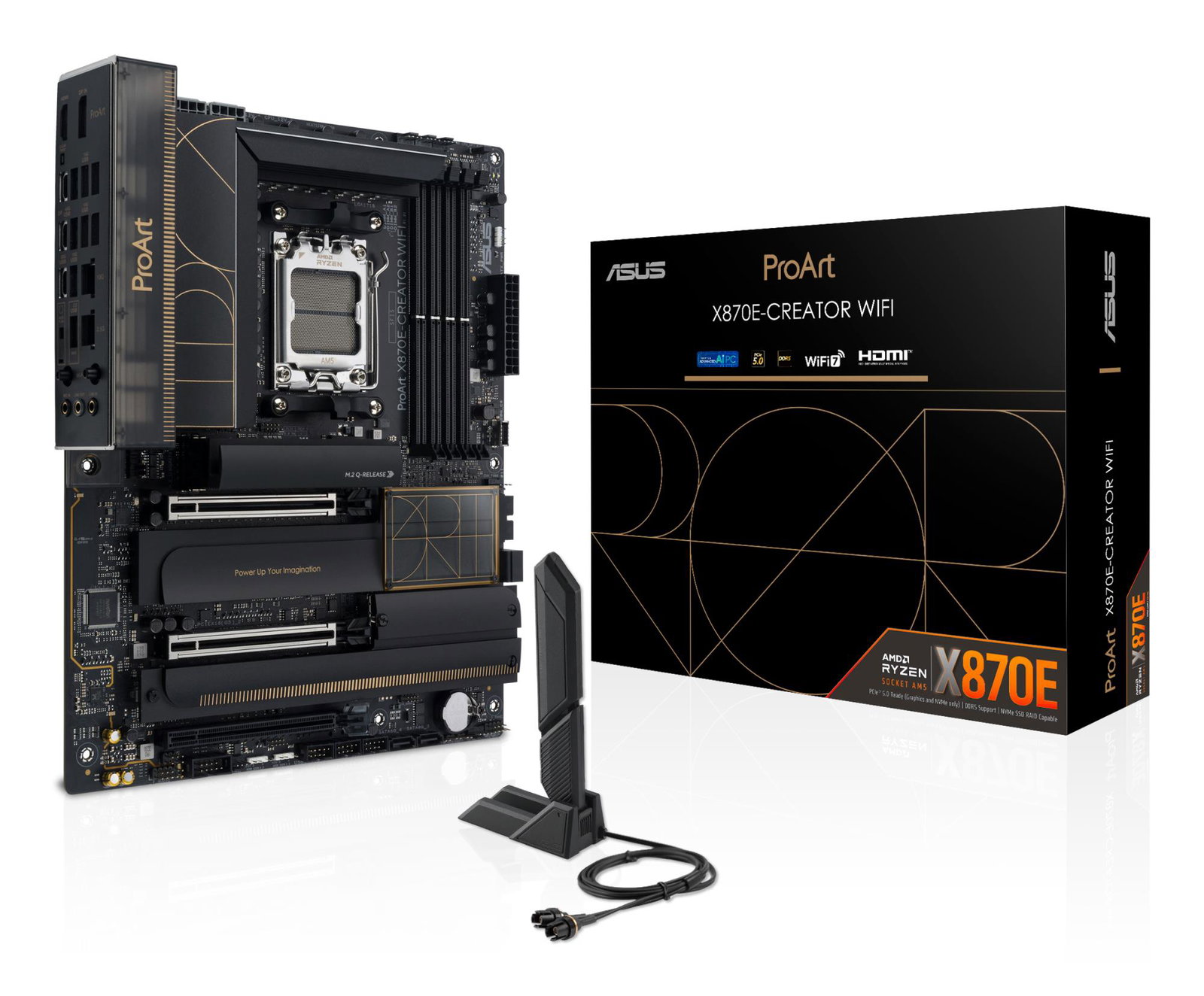 Mainboard ASUS AMD X870E SAM5 ATX Memory DDR5 Memory slots 4 3xPCI-Express 4.0 16x 2xPCI-Express 5.0 16x 4xM.2 1xHDMI 1xDisplayPort 1xUSB 2.0 7xUSB 3.2 3xUSB-C 1xRJ45 3xAudio port PROARTX870E-CREATORWIFI