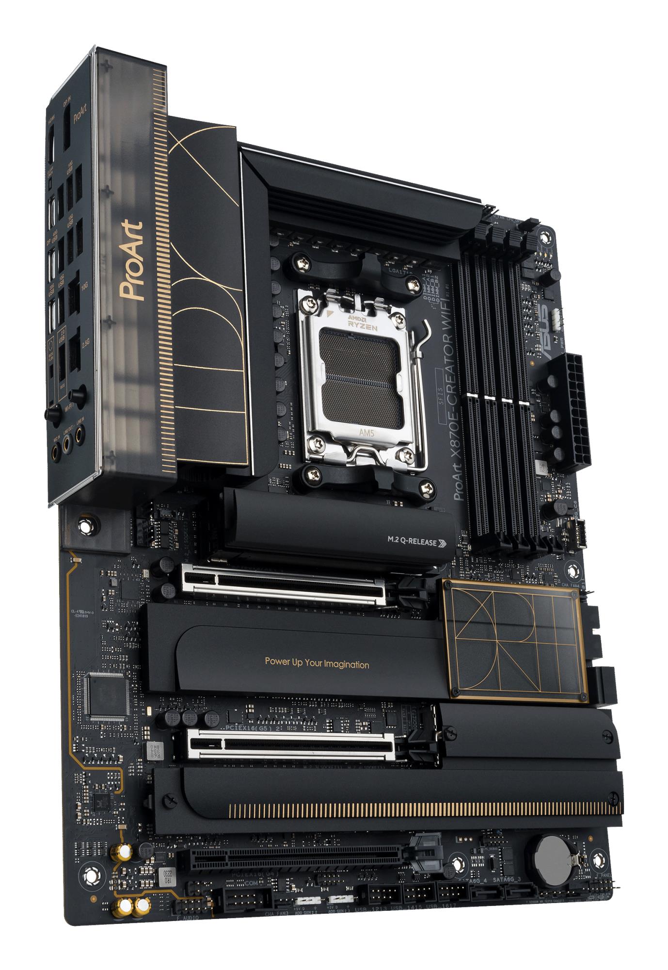 Mainboard ASUS AMD X870E SAM5 ATX Memory DDR5 Memory slots 4 3xPCI-Express 4.0 16x 2xPCI-Express 5.0 16x 4xM.2 1xHDMI 1xDisplayPort 1xUSB 2.0 7xUSB 3.2 3xUSB-C 1xRJ45 3xAudio port PROARTX870E-CREATORWIFI
