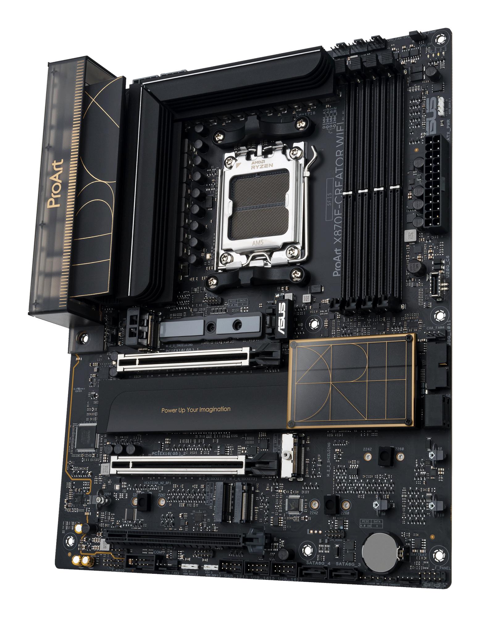 Mainboard ASUS AMD X870E SAM5 ATX Memory DDR5 Memory slots 4 3xPCI-Express 4.0 16x 2xPCI-Express 5.0 16x 4xM.2 1xHDMI 1xDisplayPort 1xUSB 2.0 7xUSB 3.2 3xUSB-C 1xRJ45 3xAudio port PROARTX870E-CREATORWIFI