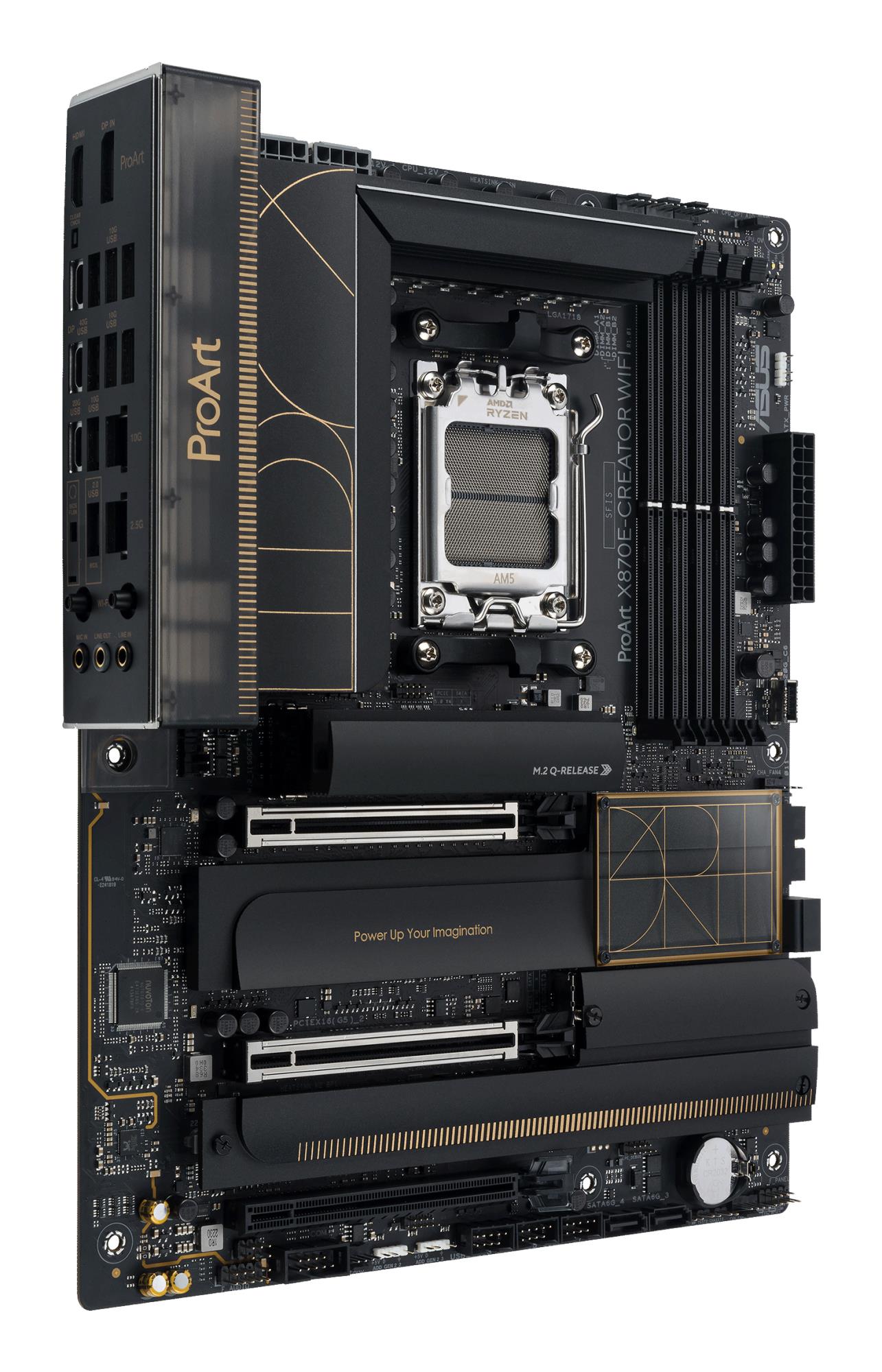 Mainboard ASUS AMD X870E SAM5 ATX Memory DDR5 Memory slots 4 3xPCI-Express 4.0 16x 2xPCI-Express 5.0 16x 4xM.2 1xHDMI 1xDisplayPort 1xUSB 2.0 7xUSB 3.2 3xUSB-C 1xRJ45 3xAudio port PROARTX870E-CREATORWIFI