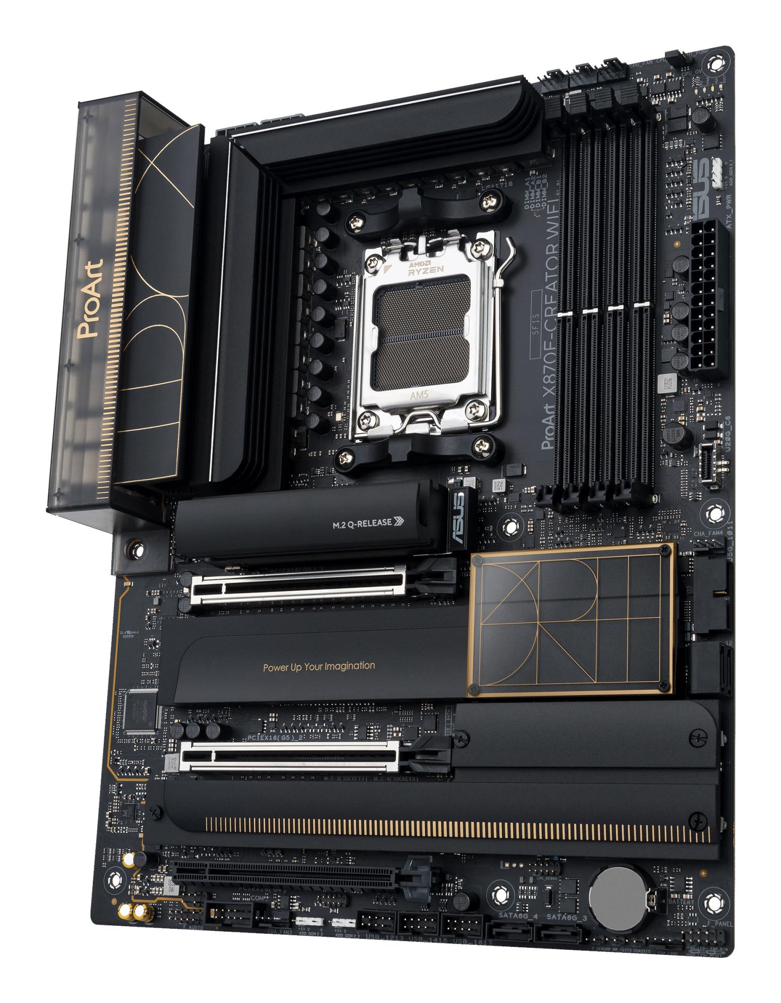 Mainboard ASUS AMD X870E SAM5 ATX Memory DDR5 Memory slots 4 3xPCI-Express 4.0 16x 2xPCI-Express 5.0 16x 4xM.2 1xHDMI 1xDisplayPort 1xUSB 2.0 7xUSB 3.2 3xUSB-C 1xRJ45 3xAudio port PROARTX870E-CREATORWIFI