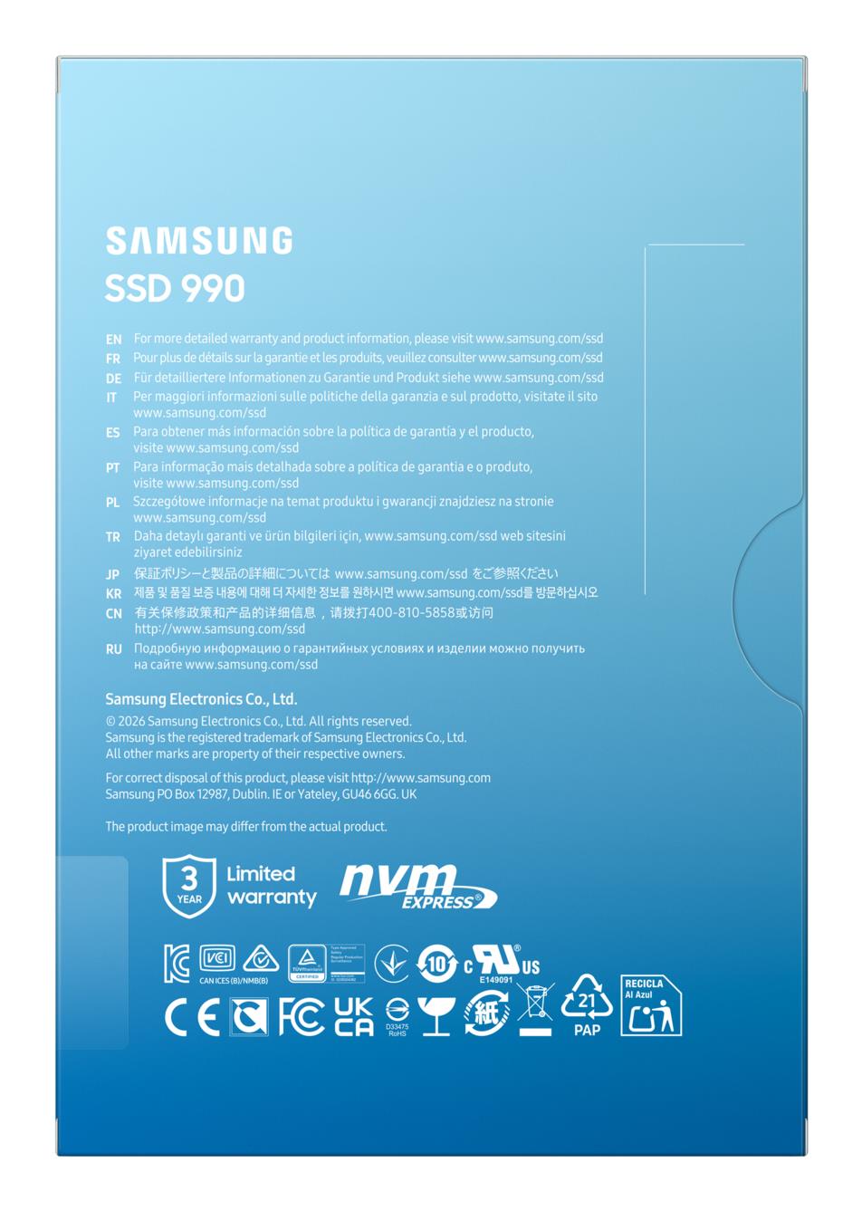 SSD SAMSUNG 990 2 TB M.2 PCI Express 4.0 NVMe Yes Write speed 6450 MB/s Read speed 7250 MB/s MTBF 1500000 h Box MZ-V9V2T0BW
