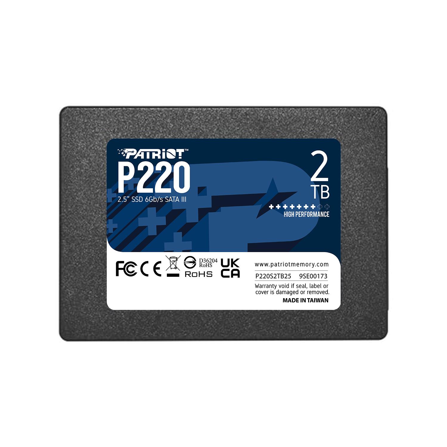 SSD PATRIOT P220 2TB SATA Write speed 500 MBytes/sec Read speed 550 MBytes/sec 2,5 TBW 960 TB P220S2TB25