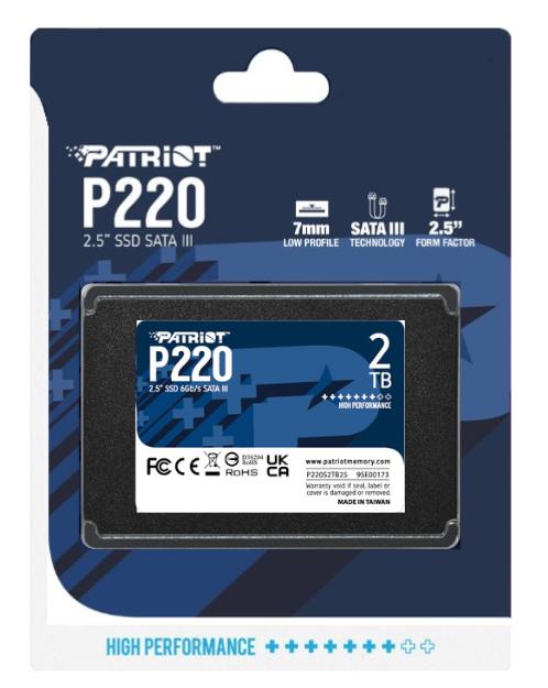 SSD PATRIOT P220 2TB SATA Write speed 500 MBytes/sec Read speed 550 MBytes/sec 2,5 TBW 960 TB P220S2TB25