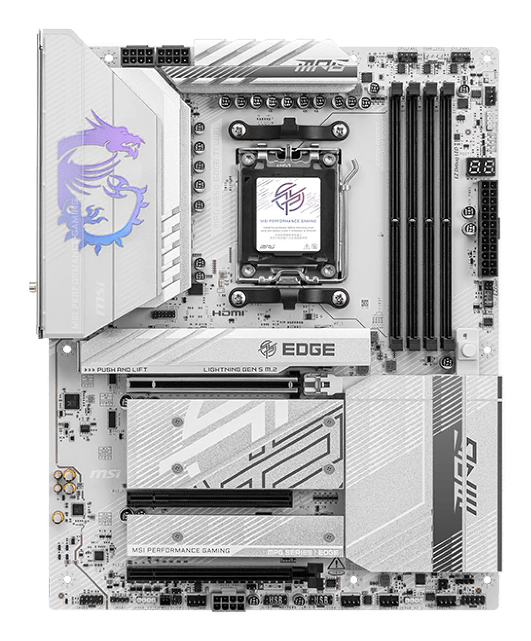 Mainboard MSI AMD B850 SAM5 ATX Memory DDR5 Memory slots 4 3xPCI-Express 16x 4xM.2 1xHDMI 1xAudio-In 1xAudio-Out 4xUSB 2.0 1xUSB 3.0 2xUSB 3.2 3xUSB-C 1xOptical S/PDIF 1xRJ45 MPGB850EDGETIWIFI