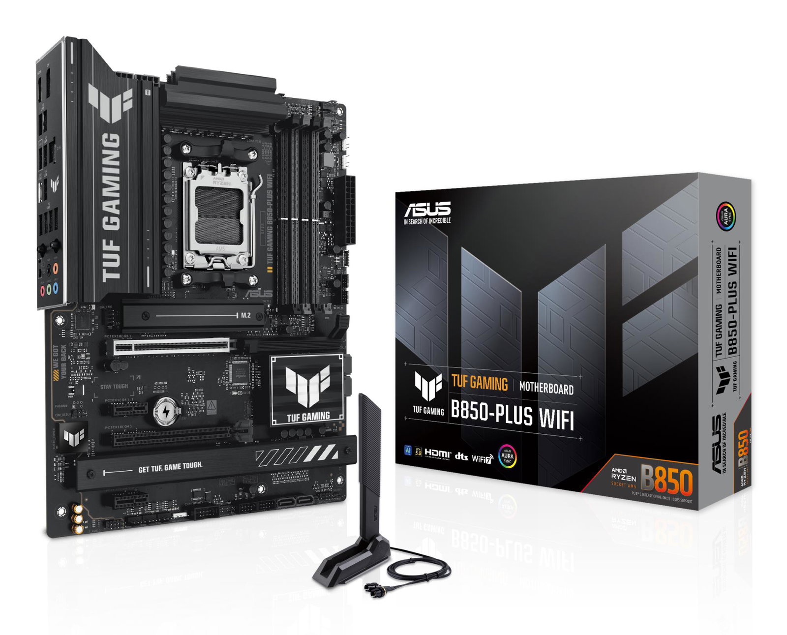 Mainboard ASUS AMD B850 SAM5 ATX Memory DDR5 Memory slots 4 2xPCI-Express 4.0 1x 1xPCI-Express 4.0 16x 1xPCI-Express 5.0 16x 3xM.2 1xHDMI 1xDisplayPort 2xUSB 2.0 4xUSB 3.1 3xUSB 3.2 1xUSB-C 1xRJ45 5xAudio port TUFGAMINGB850-PLUSWIFI