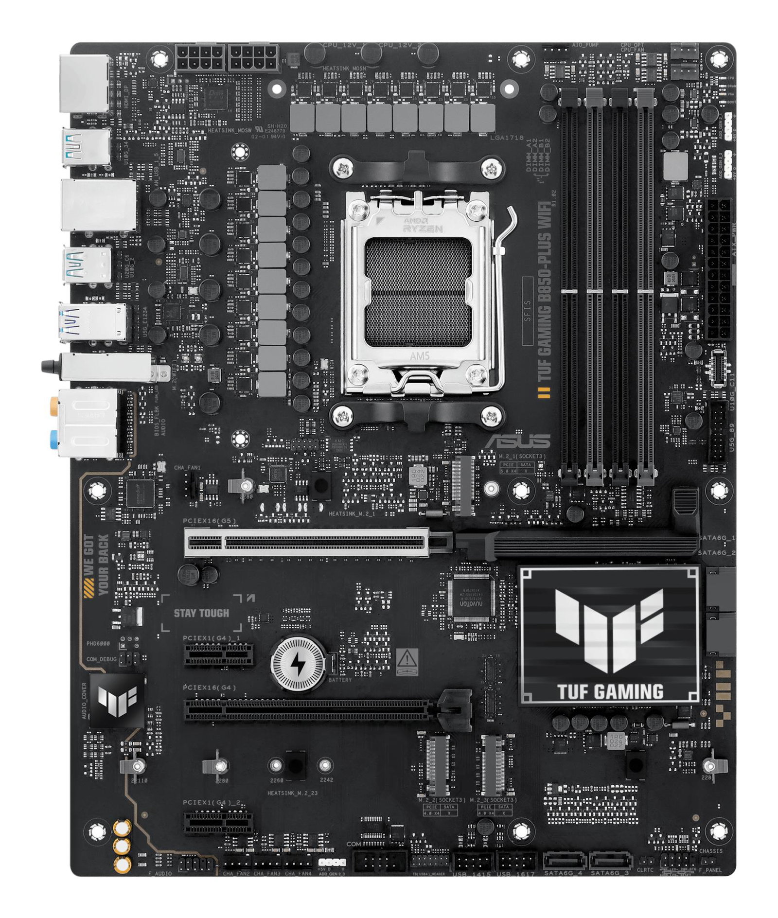 Mainboard ASUS AMD B850 SAM5 ATX Memory DDR5 Memory slots 4 2xPCI-Express 4.0 1x 1xPCI-Express 4.0 16x 1xPCI-Express 5.0 16x 3xM.2 1xHDMI 1xDisplayPort 2xUSB 2.0 4xUSB 3.1 3xUSB 3.2 1xUSB-C 1xRJ45 5xAudio port TUFGAMINGB850-PLUSWIFI