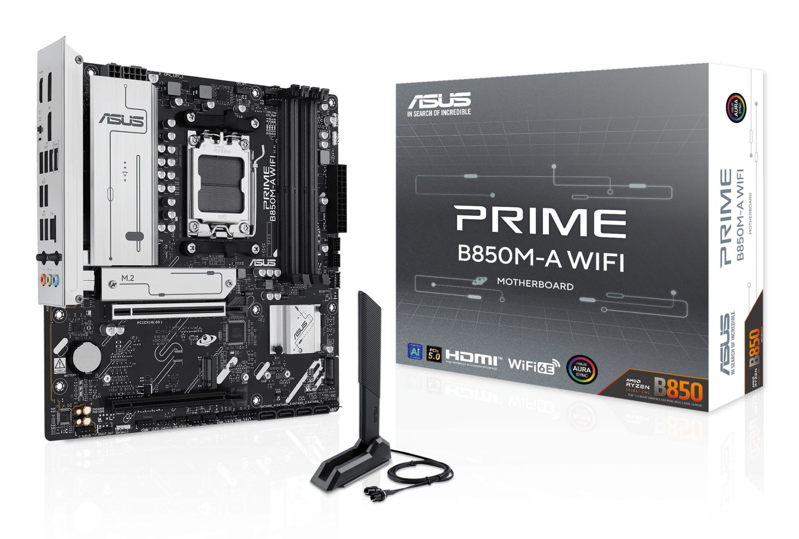 Mainboard ASUS AMD B850 SAM5 Micro-ATX Memory DDR5 Memory slots 4 1xPCI-Express 4.0 16x 1xPCI-Express 5.0 16x 3xM.2 1xHDMI 2xDisplayPort 4xUSB 2.0 4xUSB 3.2 1xRJ45 3xAudio port PRIMEB850M-AWIFI
