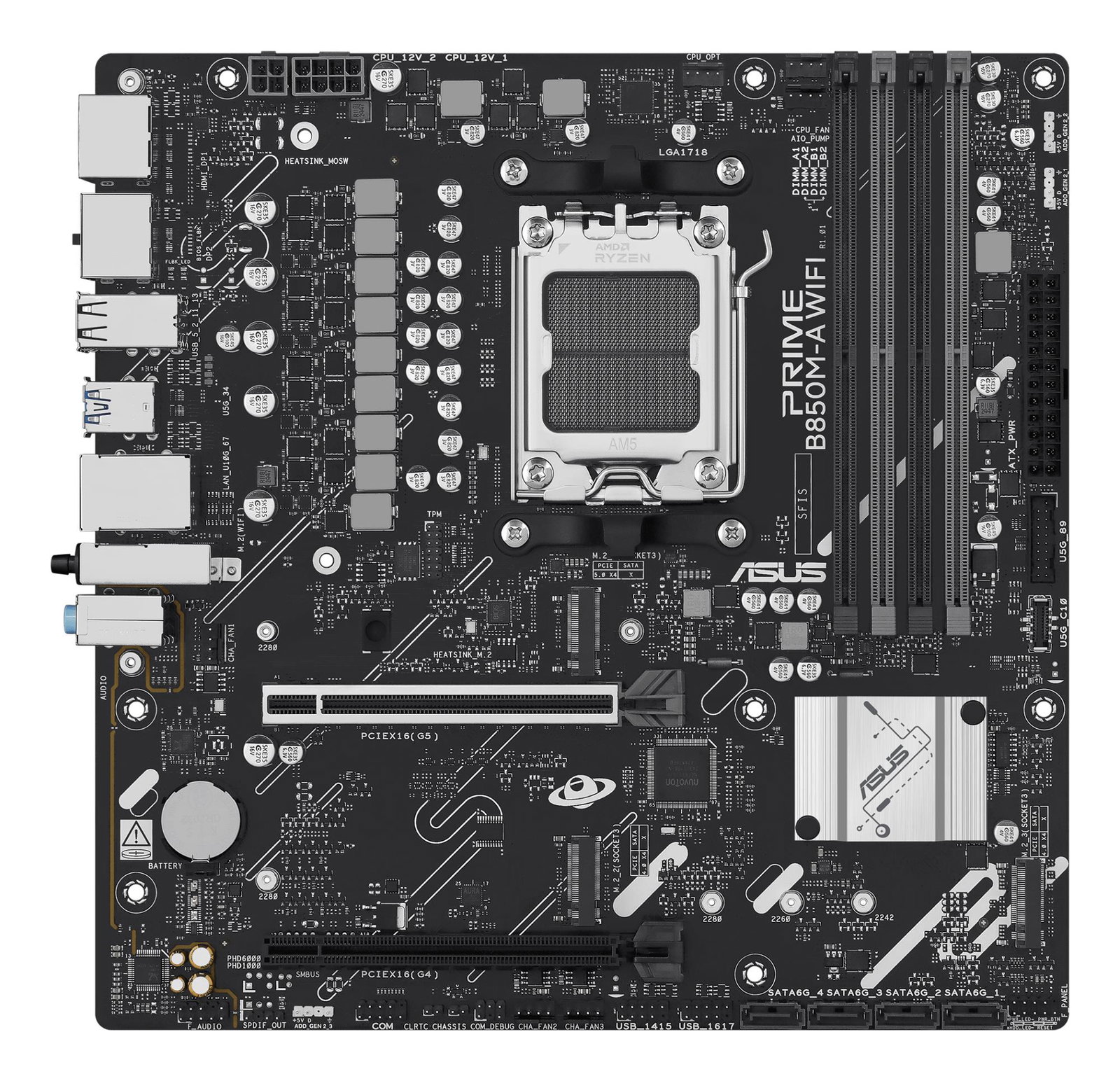Mainboard ASUS AMD B850 SAM5 Micro-ATX Memory DDR5 Memory slots 4 1xPCI-Express 4.0 16x 1xPCI-Express 5.0 16x 3xM.2 1xHDMI 2xDisplayPort 4xUSB 2.0 4xUSB 3.2 1xRJ45 3xAudio port PRIMEB850M-AWIFI