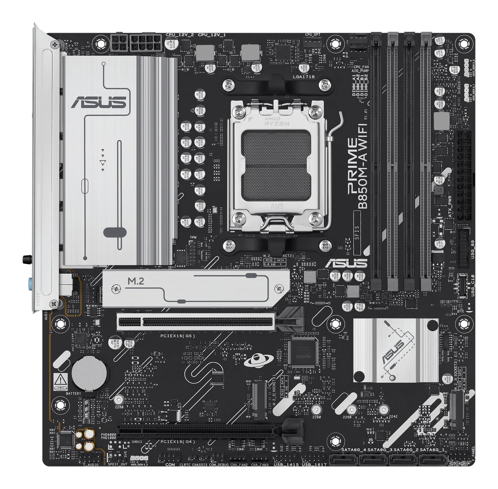 Mainboard ASUS AMD B850 SAM5 Micro-ATX Memory DDR5 Memory slots 4 1xPCI-Express 4.0 16x 1xPCI-Express 5.0 16x 3xM.2 1xHDMI 2xDisplayPort 4xUSB 2.0 4xUSB 3.2 1xRJ45 3xAudio port PRIMEB850M-AWIFI