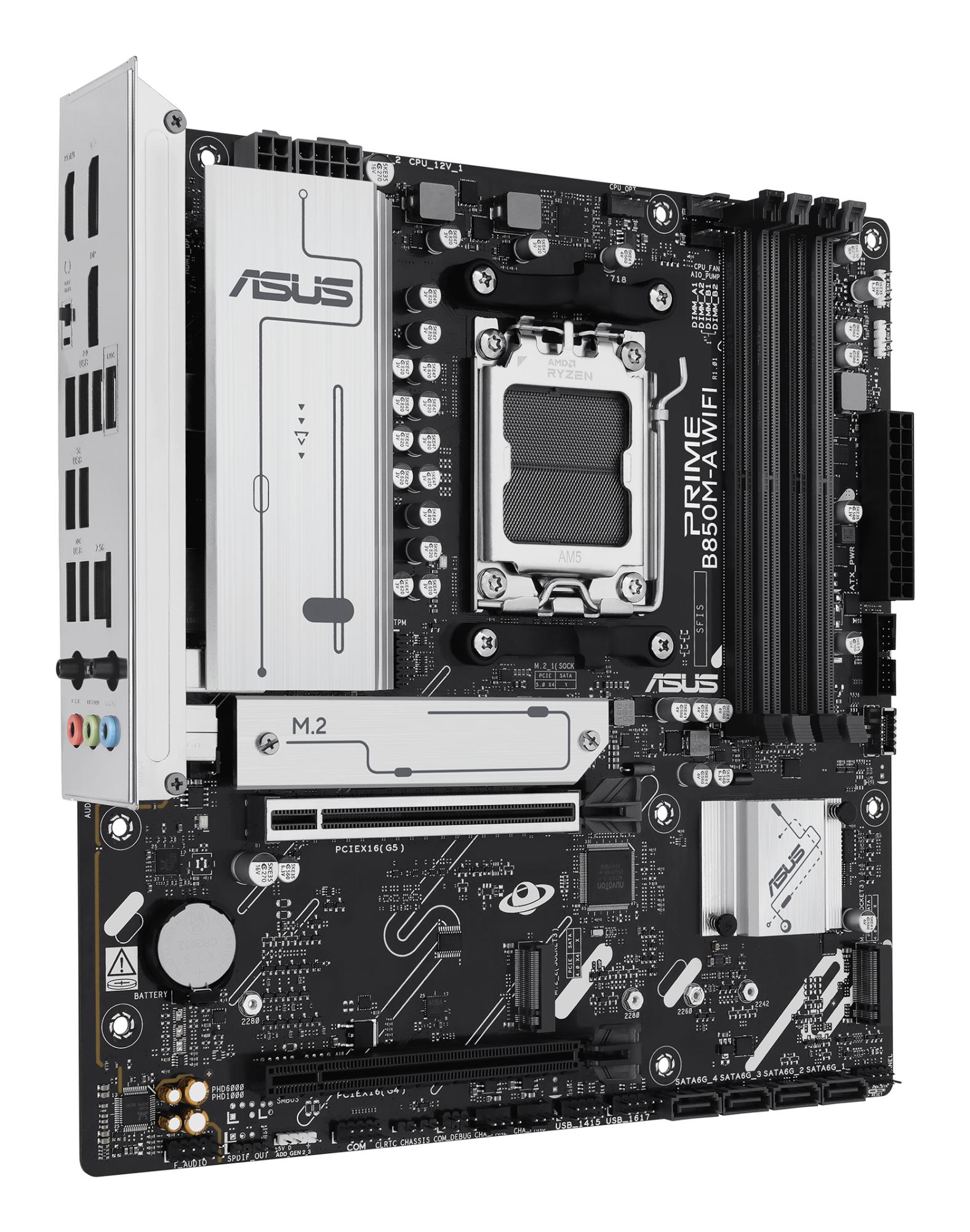 Mainboard ASUS AMD B850 SAM5 Micro-ATX Memory DDR5 Memory slots 4 1xPCI-Express 4.0 16x 1xPCI-Express 5.0 16x 3xM.2 1xHDMI 2xDisplayPort 4xUSB 2.0 4xUSB 3.2 1xRJ45 3xAudio port PRIMEB850M-AWIFI