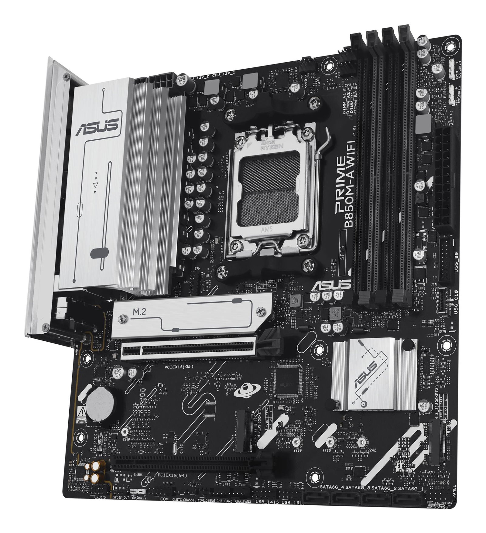 Mainboard ASUS AMD B850 SAM5 Micro-ATX Memory DDR5 Memory slots 4 1xPCI-Express 4.0 16x 1xPCI-Express 5.0 16x 3xM.2 1xHDMI 2xDisplayPort 4xUSB 2.0 4xUSB 3.2 1xRJ45 3xAudio port PRIMEB850M-AWIFI