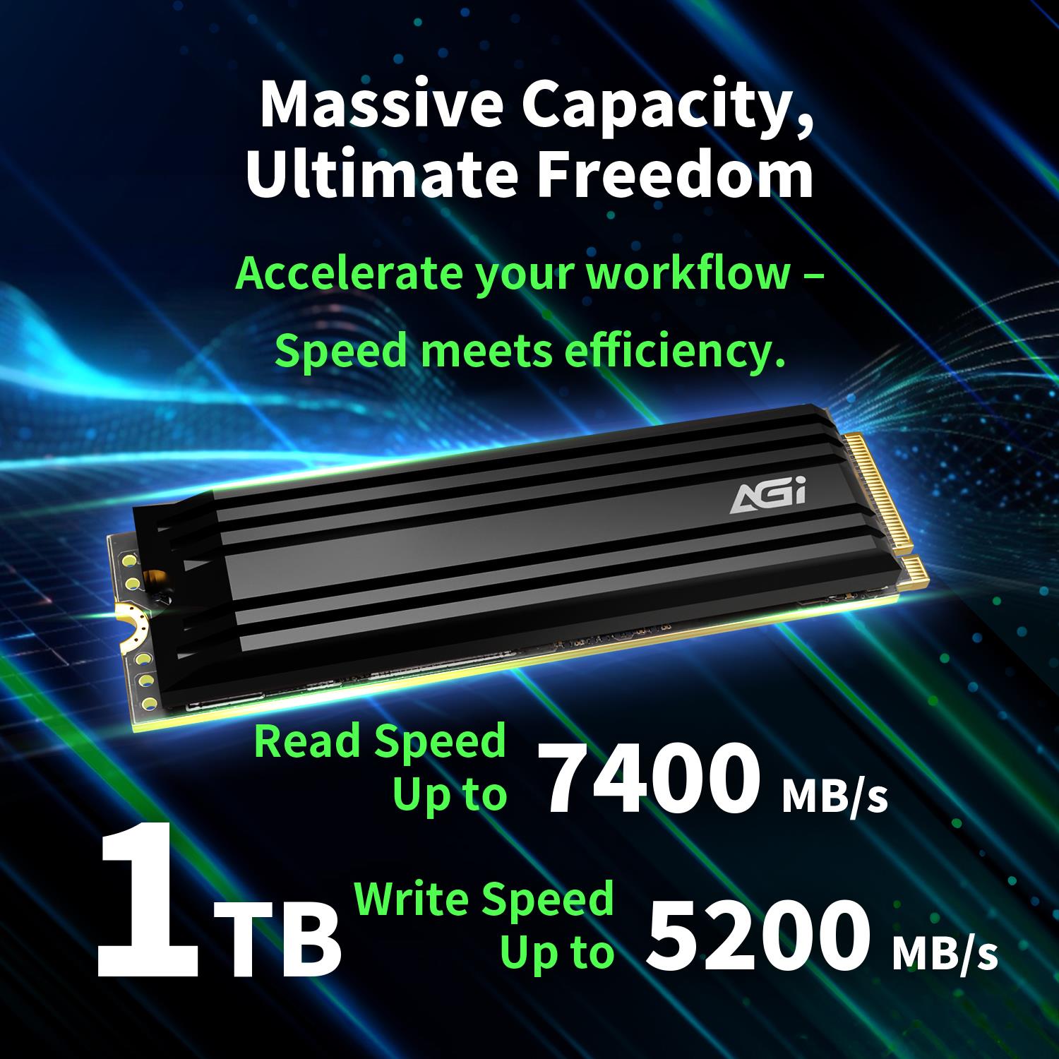 SSD AGI 750xTBW rating MTBF 2000000 h Read speed 7400 MB/s Write speed 5200 MB/s NVMe Yes PCI Express 4.0 M.2 1000 GB AGI1T0G44AI828-CB