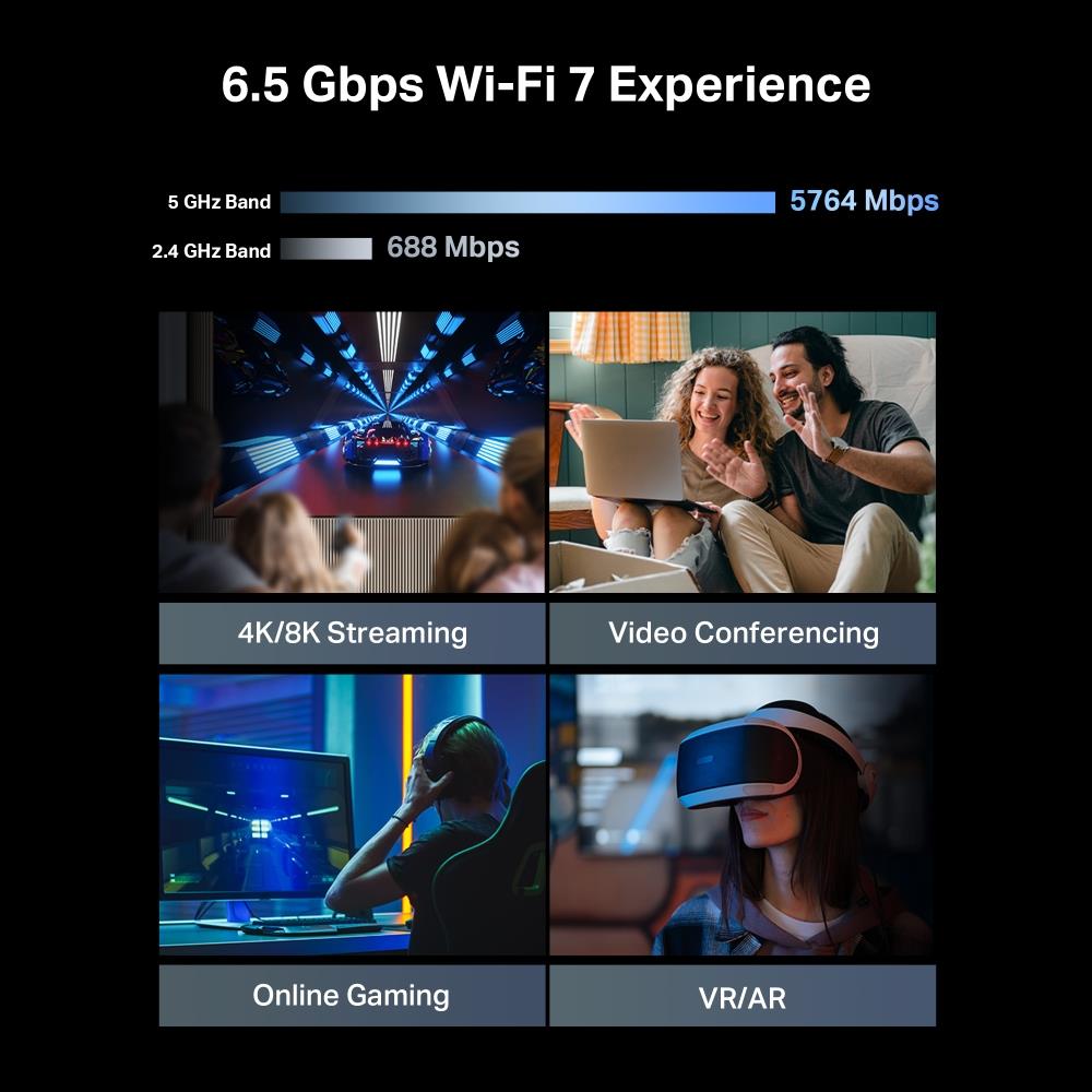 Wireless Router TP-LINK Archer BE400 Wi-Fi 7 (802.11be) Data speed 5764 Mbit/s Ethernet WAN Yes WAN connection type RJ-45 Ethernet LAN Yes 4xLAN ports USB port Yes ARCHERBE400