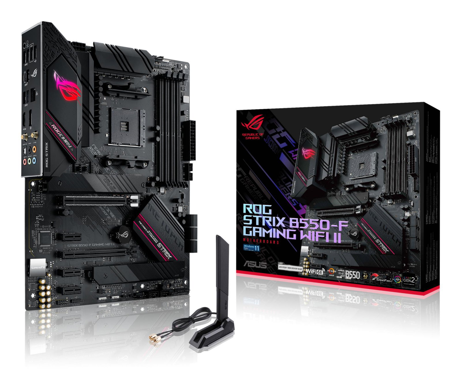 Mainboard ASUS AMD B550 SAM4 ATX Memory DDR4 Memory slots 4 3xPCI-Express 3.0 1x 1xPCI-Express 3.0 4x 1xPCI-Express 4.0 16x 2xM.2 1xHDMI 1xDisplayPort 2xAudio-In 3xAudio-Out 2xUSB 2.0 5xUSB 3.2 1xUSB type C 1xOptical S/PDIF 1xRJ45 2xRF-Out STRIXB550-FGAMWIFIII
