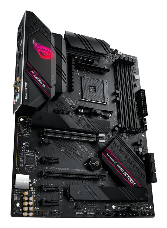 Mainboard ASUS AMD B550 SAM4 ATX Memory DDR4 Memory slots 4 3xPCI-Express 3.0 1x 1xPCI-Express 3.0 4x 1xPCI-Express 4.0 16x 2xM.2 1xHDMI 1xDisplayPort 2xAudio-In 3xAudio-Out 2xUSB 2.0 5xUSB 3.2 1xUSB type C 1xOptical S/PDIF 1xRJ45 2xRF-Out STRIXB550-FGAMWIFIII